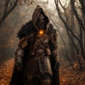 AI generated illustration of a hooded traveler in an autumn forest