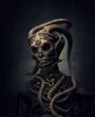 AI Generated Illustration Of A Horror Skull With Snakes Around The Neck In A Mysterious Setting