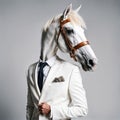 AI generated illustration of a horse in a white classic suit