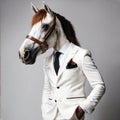 AI generated illustration of a horse in a white classic suit