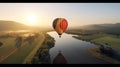 AI-generated illustration of a hot air balloon flying over a tranquil body of water at sunset. Royalty Free Stock Photo