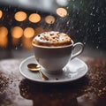 AI generated illustration of a hot cup of coffee a rainy evening