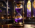 an hourglass sits on a desk in front of many windows