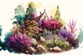 AI-generated illustration of a house hidden between the colorful plants