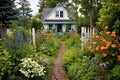 AI generated illustration of a house with a lush garden with a white picket fence in the foreground Royalty Free Stock Photo