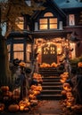 AI generated illustration of a house with a porch and step decorated with orange pumpkins