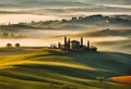 AI generated illustration of houses on green hills in Tuscany, Italy