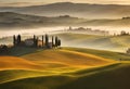 AI generated illustration of houses on green hills in Tuscany, Italy