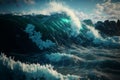 AI-generated illustration of huge foamy waves covering a coastline