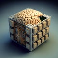AI generated illustration of a human brain in a cube with buttons isolated on bluish background