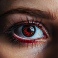 AI generated illustration of a human eye with a red contact lens on the iris