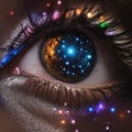 AI generated illustration of a human eye with vibrant starry sparkles