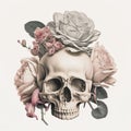 AI-generated illustration of a human skull and roses on a white background. Royalty Free Stock Photo