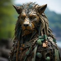AI generated illustration of a humanoid robotic lion made of metal