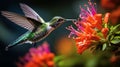 AI generated illustration of a hummingbird in flight near some pink flowers Royalty Free Stock Photo