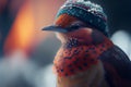 AI generated illustration of a hummingbird wearing a winter hat in an outdoor winter setting