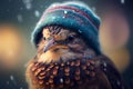 AI generated illustration of a hummingbird wearing a winter hat in an outdoor winter setting