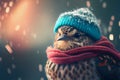 AI generated illustration of a hummingbird wearing a winter hat in an outdoor winter setting