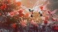 AI generated illustration of hummingbirds in flight surrounded by a beautiful array of pink flowers