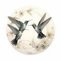 AI generated illustration of hummingbirds inside on a floral wreath against a plain white backdrop