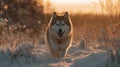 AI generated illustration of a husky standing on the snow-covered ground next to grass and trees