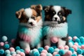 AI generated illustration of hyper-realistic dogs surrounded by colorful spools of thread