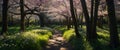 AI generated illustration of a hyper-realistic forest scene with path with flowers on a sunny day