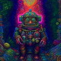 AI generated illustration of hyperintelligent robot on a psychedelic bright colors