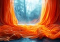 AI generated illustration of hyperrealistic orange silk curtain floating in background