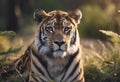 AI generated illustration of a hyperrealistic tiger resting in a grassy field at sunset, near trees