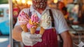 AI generated illustration of an ice cream vendor in a mask holding three cones
