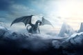 AI generated illustration of an ice dragon soaring over a spectacular winter landscape