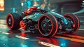AI generated illustration of an iconic batmobile speeds down the road under the cover of darkness
