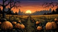 AI generated illustration of an idyllic autumn landscape of a sunset sky over a pumpkin patch Royalty Free Stock Photo