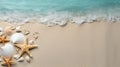 some shells and starfishs are on the beach with waves Royalty Free Stock Photo