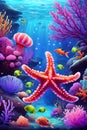 AI generated illustration of an idyllic cartoon underwater scene with a variety of marine life