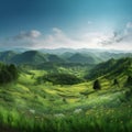 AI-generated illustration of idyllic green hills and lush forest.