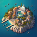 AI generated illustration of an idyllic island landscape featuring beautiful coastal buildings