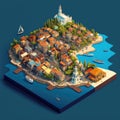 AI generated illustration of an idyllic island landscape featuring beautiful coastal buildings