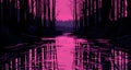 AI generated illustration of an idyllic landscape with dark silhouetted trees, and a pink lake