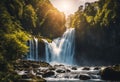 a waterfall in the middle of forest next to green trees Royalty Free Stock Photo