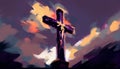 AI generated illustration of an idyllic landscape featuring a wooden cross silhouetted against a sky Royalty Free Stock Photo