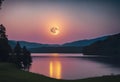 AI generated illustration of an idyllic landscape of a full moon over a tranquil lake Royalty Free Stock Photo