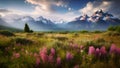 AI generated illustration of an idyllic landscape of rolling hills dotted with vibrant wildflowers Royalty Free Stock Photo