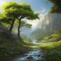 AI generated illustration of an idyllic mountain landscape featuring a lush green valley with trees Royalty Free Stock Photo