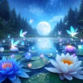 AI generated illustration of an idyllic natural scene featuring a lotus pond illuminated by the moon