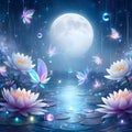 AI generated illustration of an idyllic natural scene featuring a lotus pond illuminated by the moon