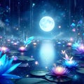 AI generated illustration of an idyllic natural scene featuring a lotus pond illuminated by the moon