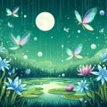 AI generated illustration of an idyllic natural scene featuring a lotus pond illuminated by the moon