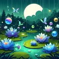 AI generated illustration of an idyllic natural scene featuring a lotus pond illuminated by the moon